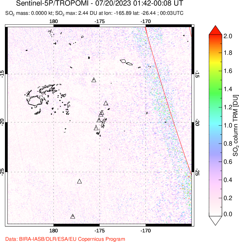 A sulfur dioxide image over Tonga, South Pacific on Jul 20, 2023.