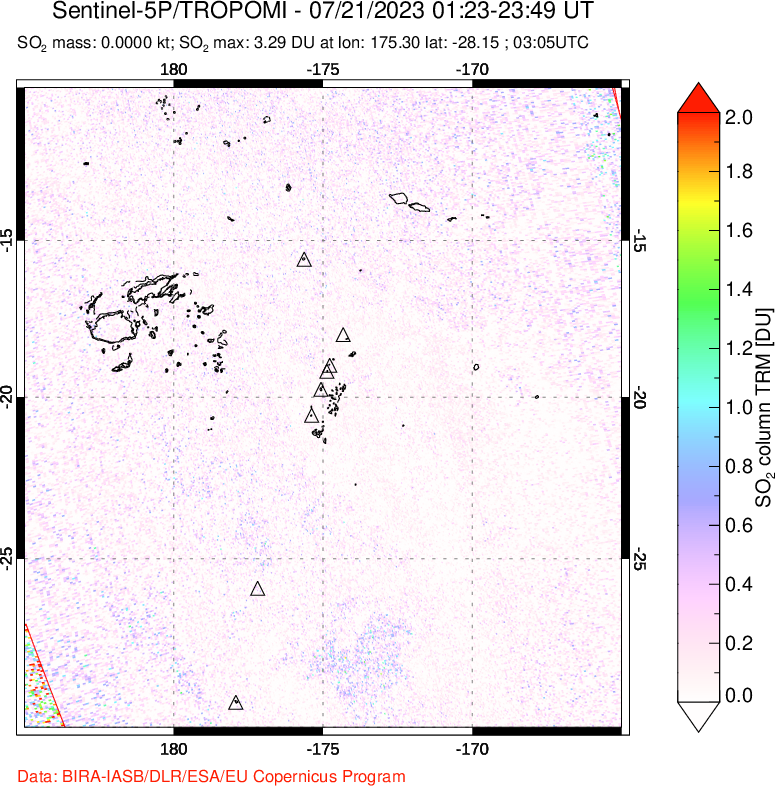 A sulfur dioxide image over Tonga, South Pacific on Jul 21, 2023.