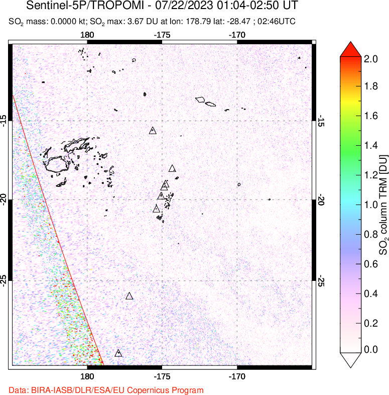 A sulfur dioxide image over Tonga, South Pacific on Jul 22, 2023.
