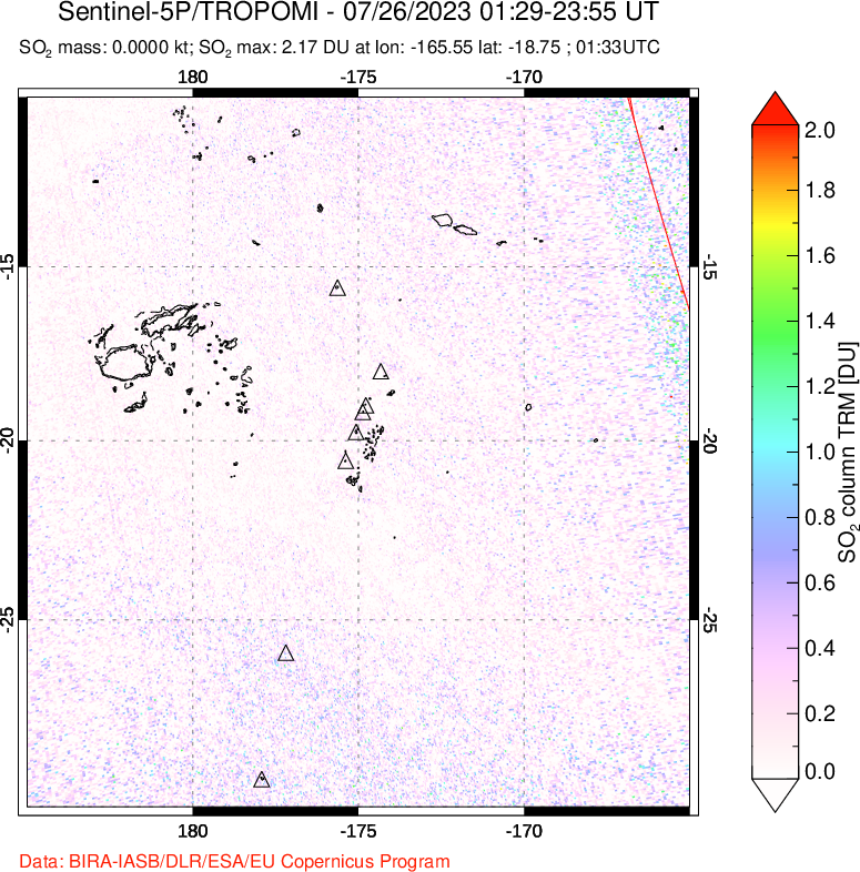 A sulfur dioxide image over Tonga, South Pacific on Jul 26, 2023.