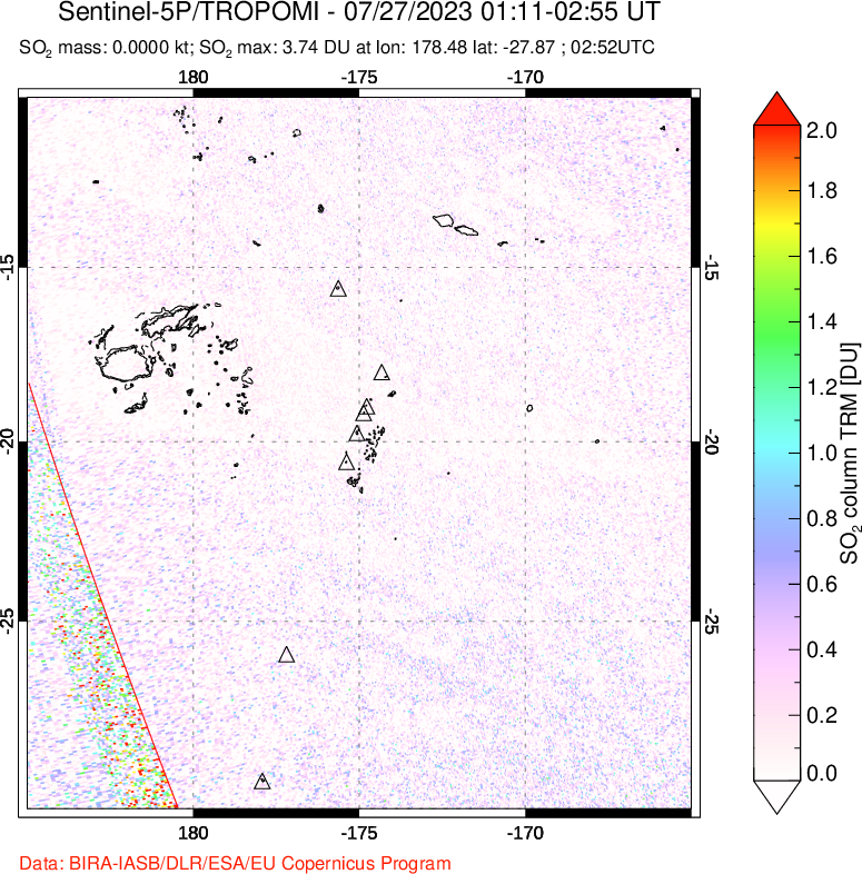 A sulfur dioxide image over Tonga, South Pacific on Jul 27, 2023.
