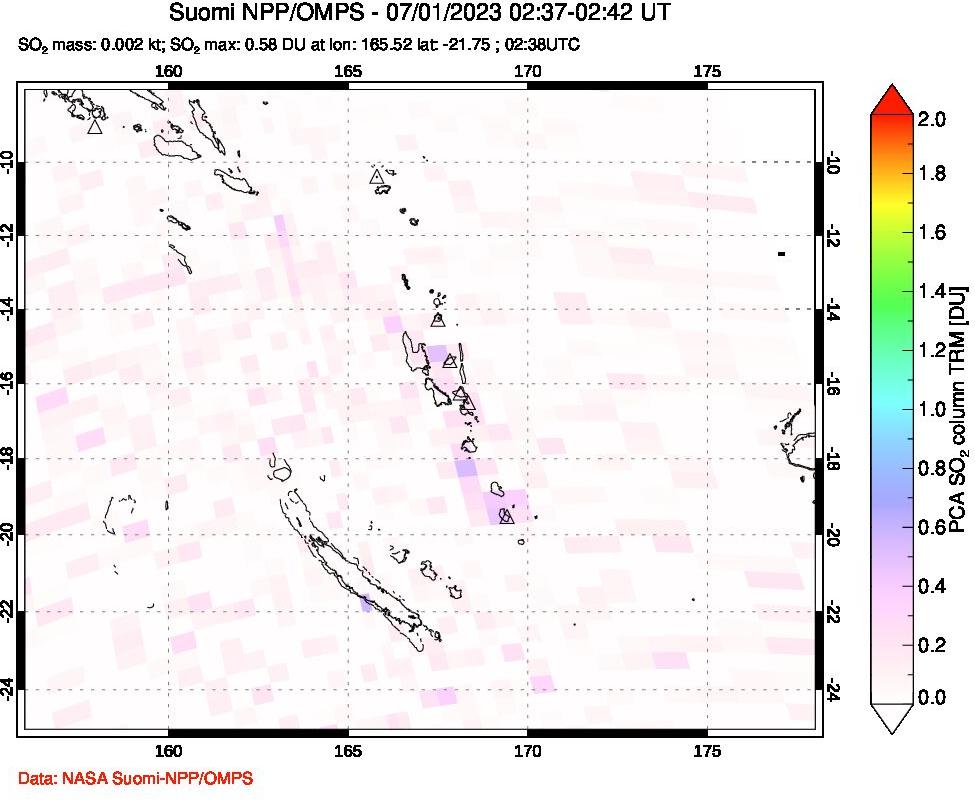 A sulfur dioxide image over Vanuatu, South Pacific on Jul 01, 2023.