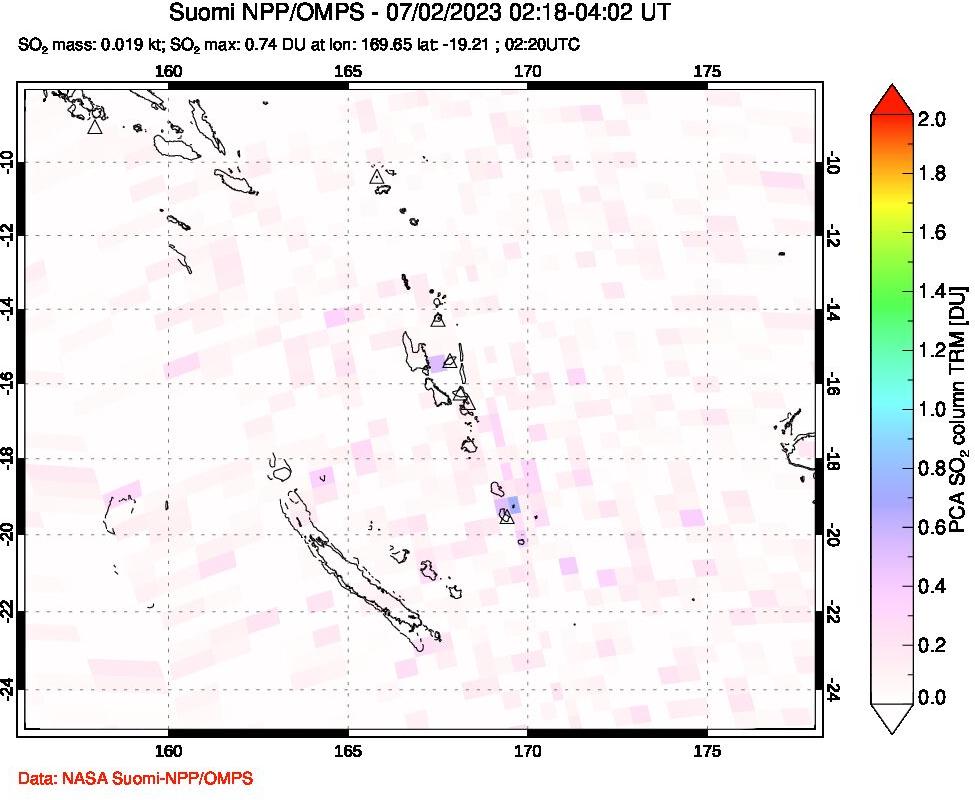 A sulfur dioxide image over Vanuatu, South Pacific on Jul 02, 2023.