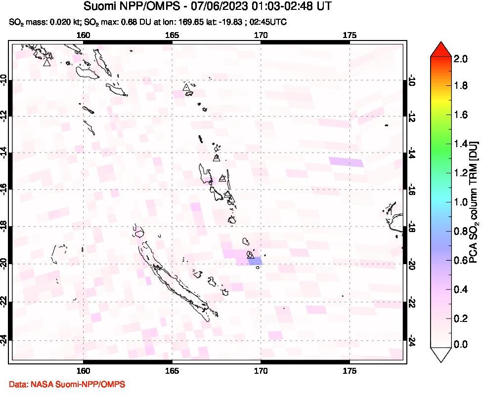 A sulfur dioxide image over Vanuatu, South Pacific on Jul 06, 2023.