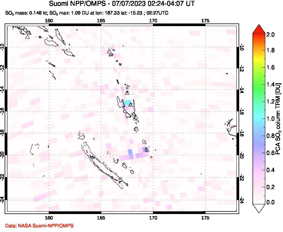 A sulfur dioxide image over Vanuatu, South Pacific on Jul 07, 2023.
