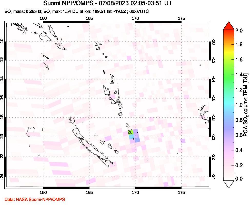 A sulfur dioxide image over Vanuatu, South Pacific on Jul 08, 2023.
