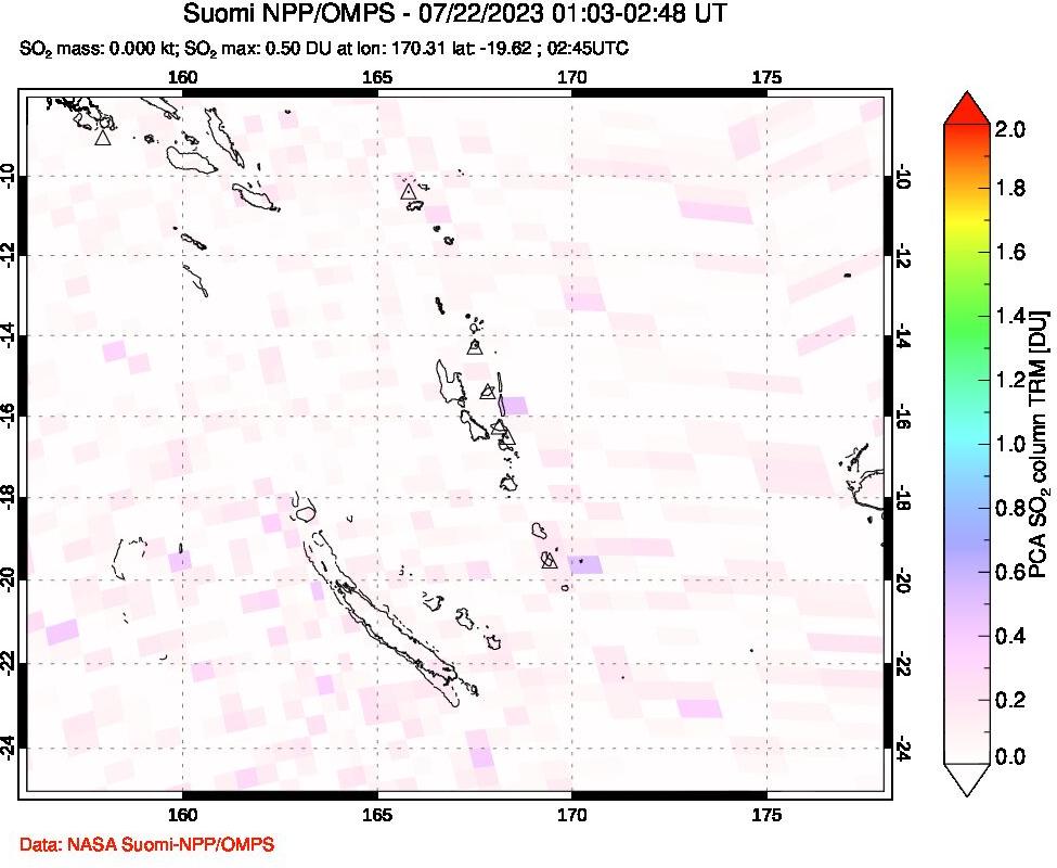 A sulfur dioxide image over Vanuatu, South Pacific on Jul 22, 2023.