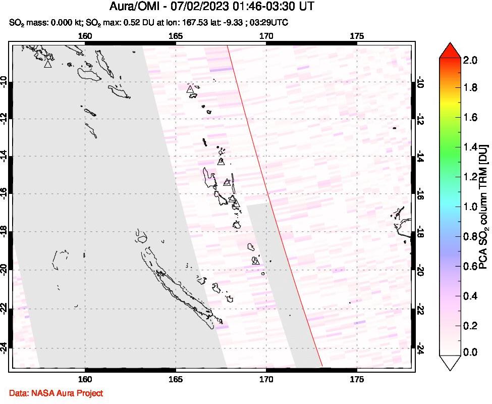 A sulfur dioxide image over Vanuatu, South Pacific on Jul 02, 2023.