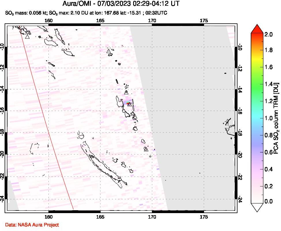 A sulfur dioxide image over Vanuatu, South Pacific on Jul 03, 2023.