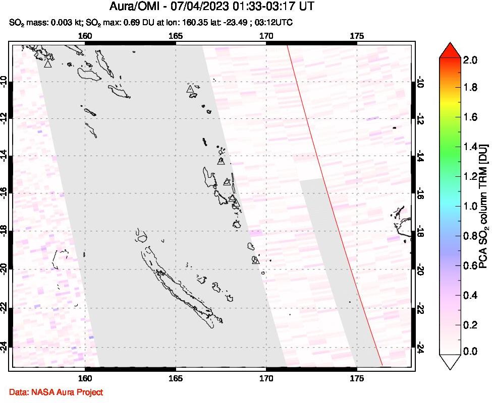 A sulfur dioxide image over Vanuatu, South Pacific on Jul 04, 2023.
