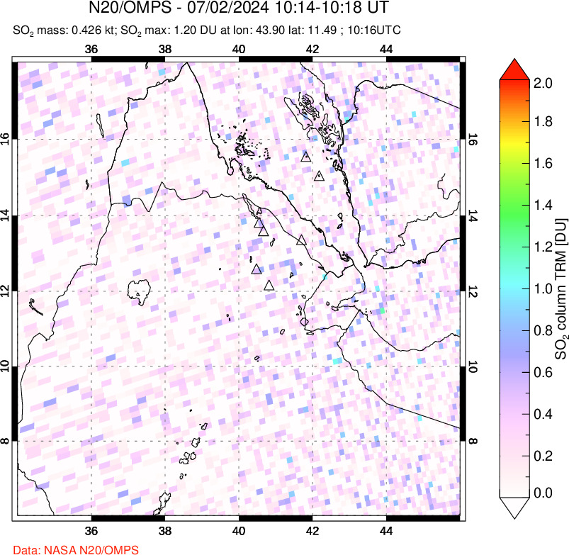 A sulfur dioxide image over Afar and southern Red Sea on Jul 02, 2024.