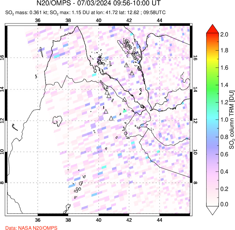 A sulfur dioxide image over Afar and southern Red Sea on Jul 03, 2024.