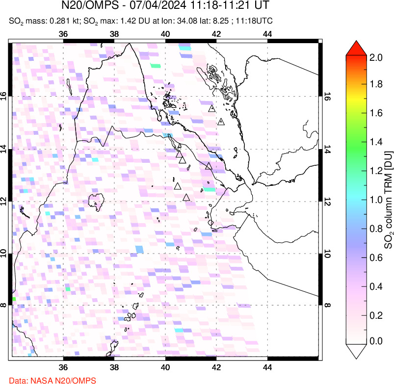 A sulfur dioxide image over Afar and southern Red Sea on Jul 04, 2024.