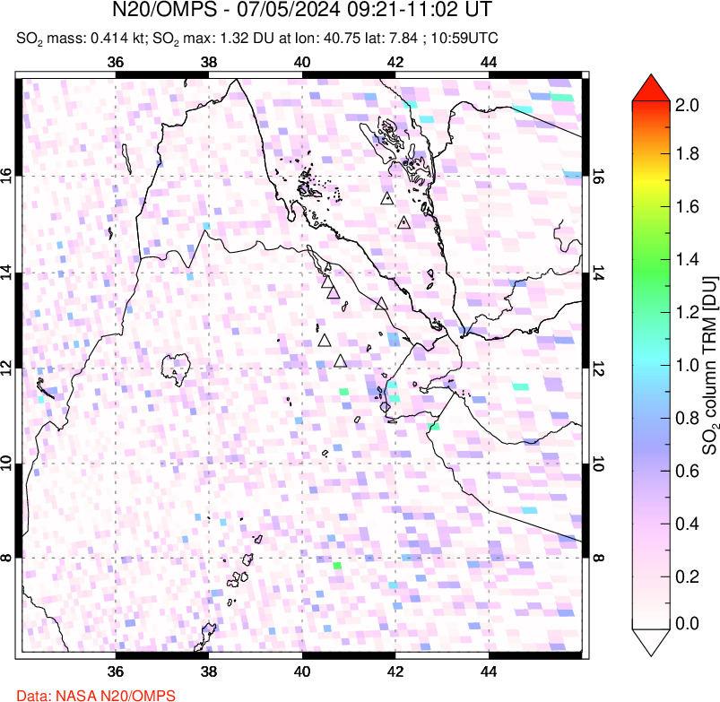 A sulfur dioxide image over Afar and southern Red Sea on Jul 05, 2024.