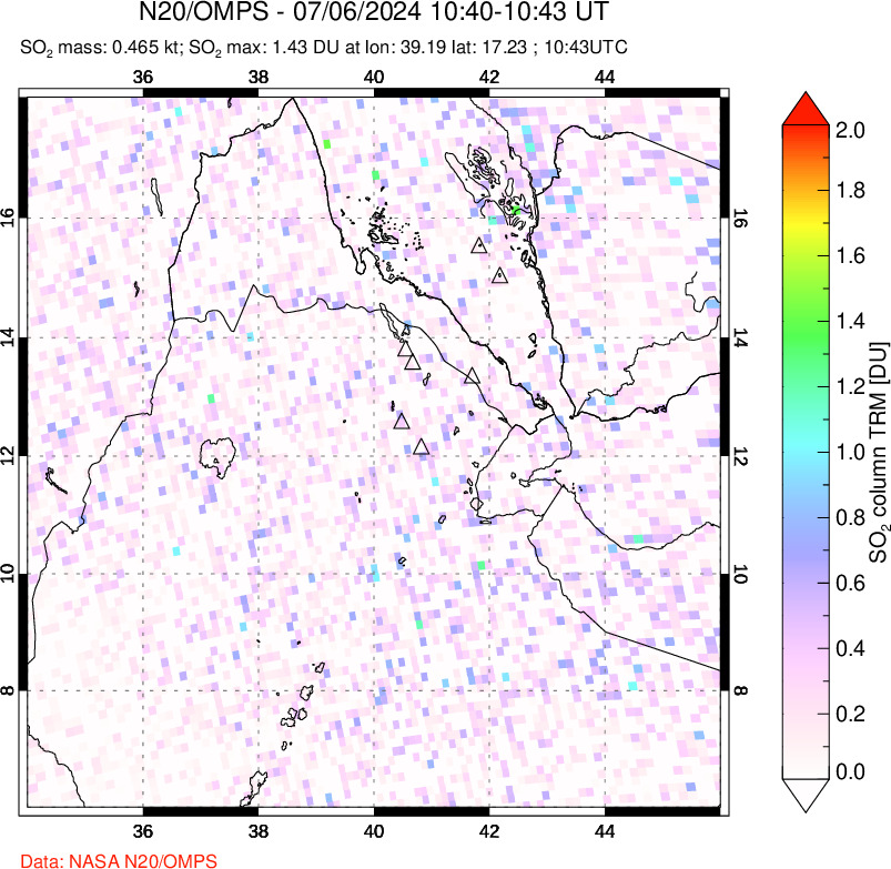 A sulfur dioxide image over Afar and southern Red Sea on Jul 06, 2024.