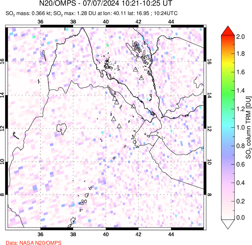 A sulfur dioxide image over Afar and southern Red Sea on Jul 07, 2024.