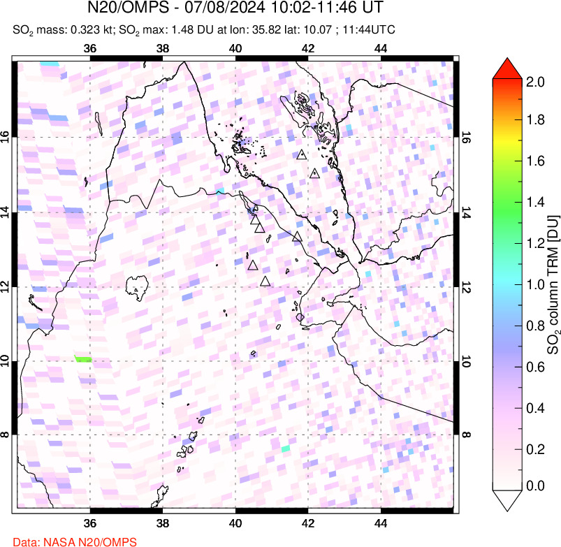 A sulfur dioxide image over Afar and southern Red Sea on Jul 08, 2024.