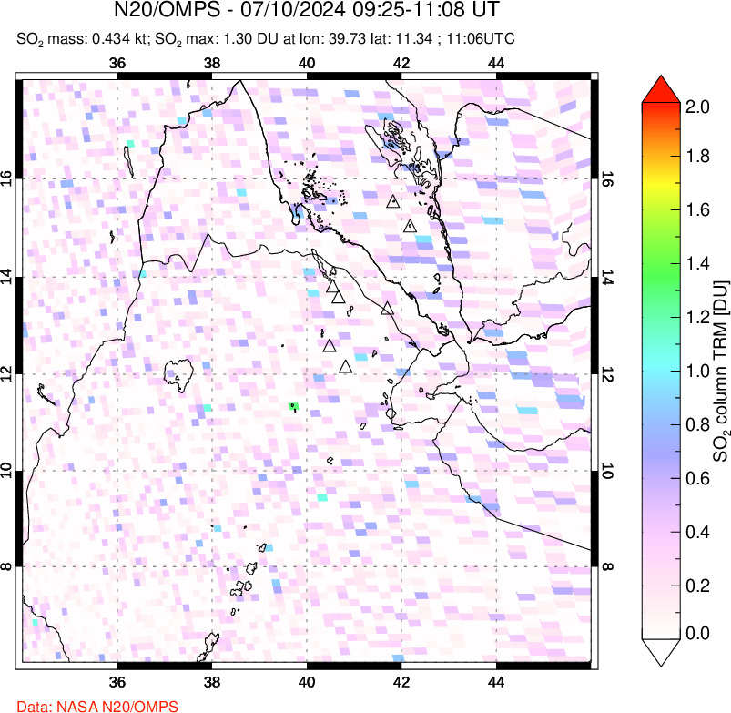 A sulfur dioxide image over Afar and southern Red Sea on Jul 10, 2024.