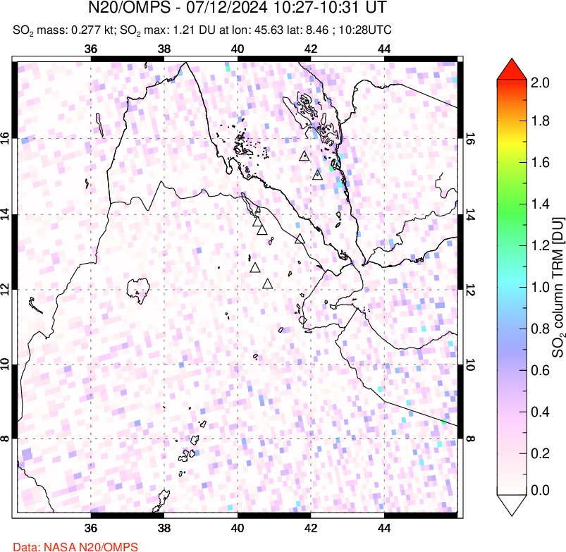 A sulfur dioxide image over Afar and southern Red Sea on Jul 12, 2024.