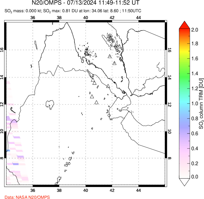 A sulfur dioxide image over Afar and southern Red Sea on Jul 13, 2024.