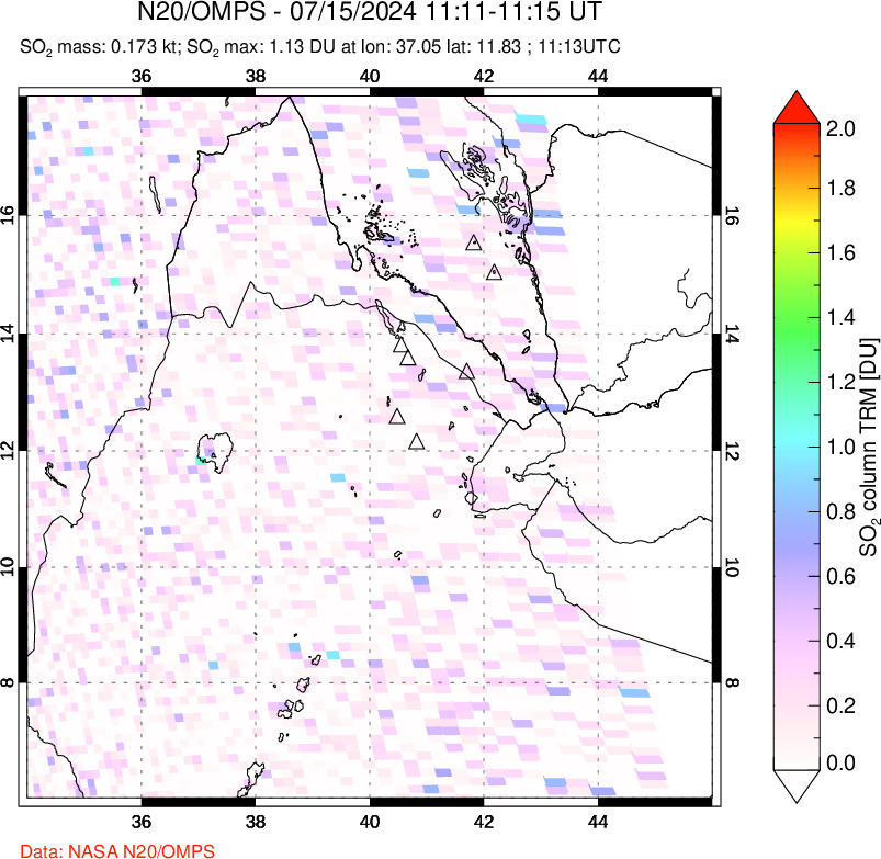 A sulfur dioxide image over Afar and southern Red Sea on Jul 15, 2024.