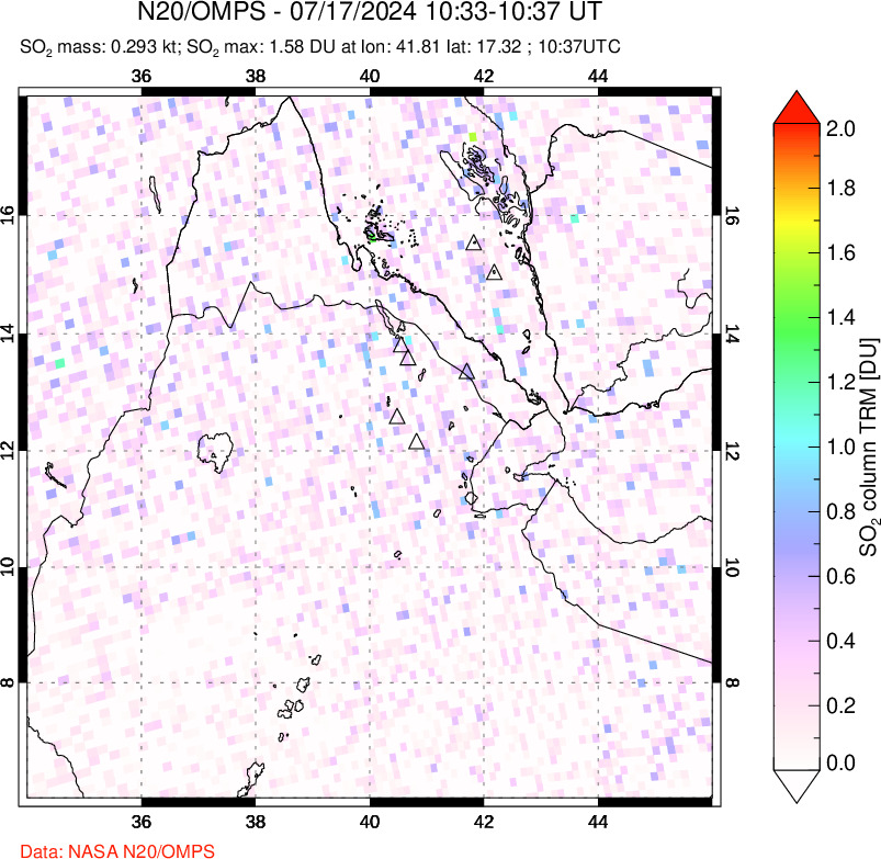 A sulfur dioxide image over Afar and southern Red Sea on Jul 17, 2024.