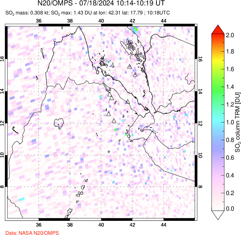 A sulfur dioxide image over Afar and southern Red Sea on Jul 18, 2024.