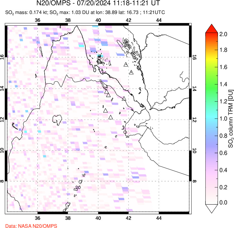 A sulfur dioxide image over Afar and southern Red Sea on Jul 20, 2024.