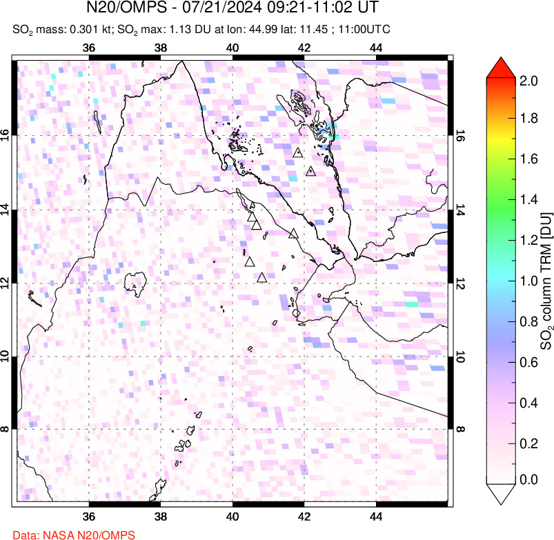 A sulfur dioxide image over Afar and southern Red Sea on Jul 21, 2024.