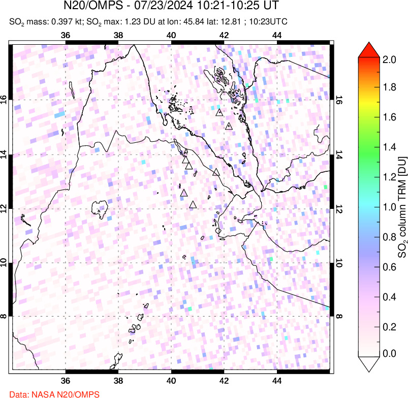 A sulfur dioxide image over Afar and southern Red Sea on Jul 23, 2024.