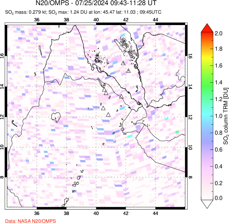 A sulfur dioxide image over Afar and southern Red Sea on Jul 25, 2024.