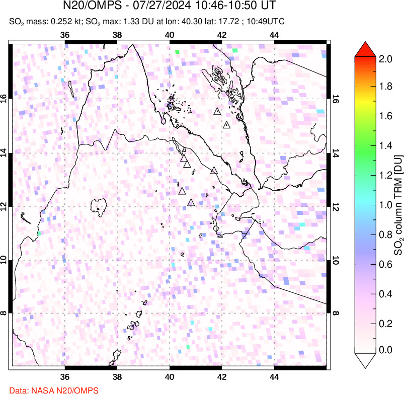 A sulfur dioxide image over Afar and southern Red Sea on Jul 27, 2024.