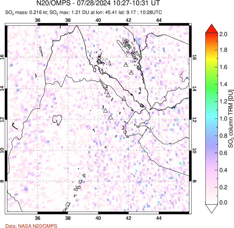 A sulfur dioxide image over Afar and southern Red Sea on Jul 28, 2024.