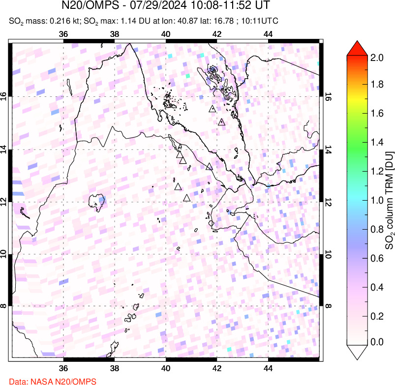 A sulfur dioxide image over Afar and southern Red Sea on Jul 29, 2024.