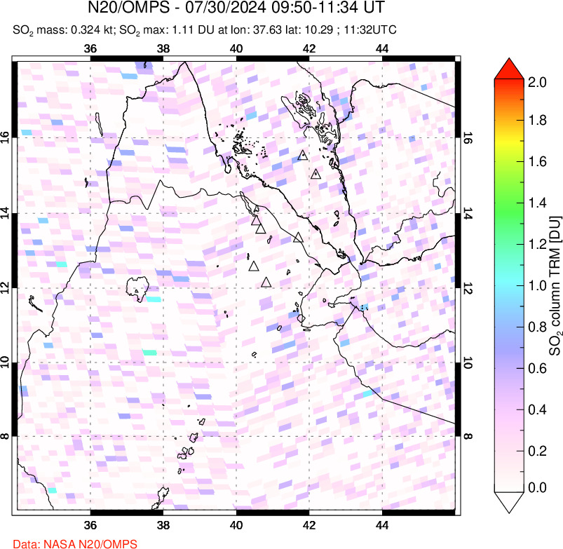 A sulfur dioxide image over Afar and southern Red Sea on Jul 30, 2024.