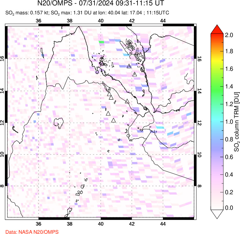 A sulfur dioxide image over Afar and southern Red Sea on Jul 31, 2024.