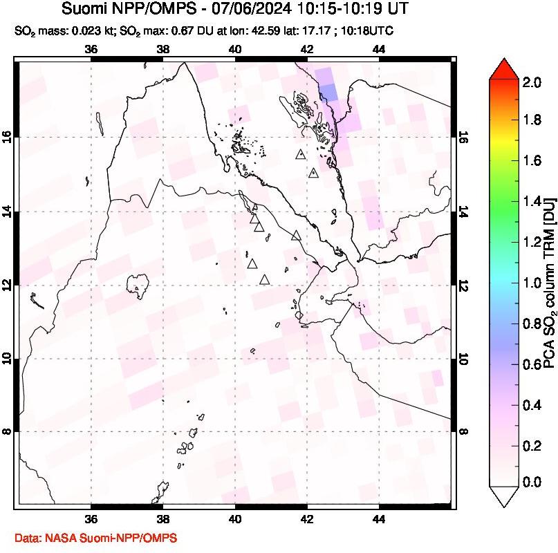 A sulfur dioxide image over Afar and southern Red Sea on Jul 06, 2024.