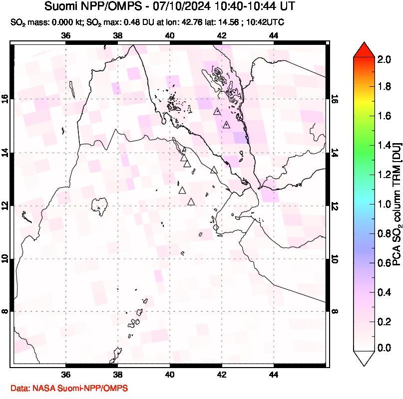 A sulfur dioxide image over Afar and southern Red Sea on Jul 10, 2024.