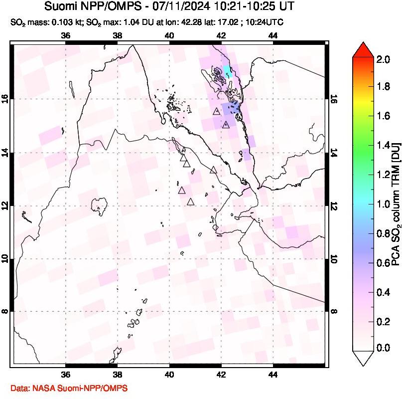 A sulfur dioxide image over Afar and southern Red Sea on Jul 11, 2024.