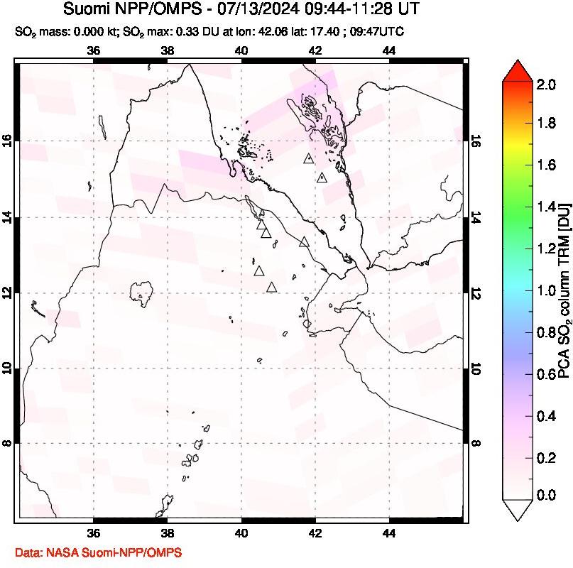 A sulfur dioxide image over Afar and southern Red Sea on Jul 13, 2024.