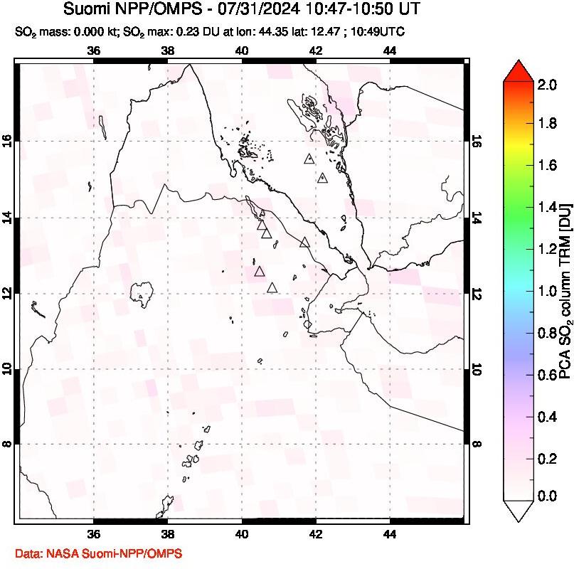 A sulfur dioxide image over Afar and southern Red Sea on Jul 31, 2024.