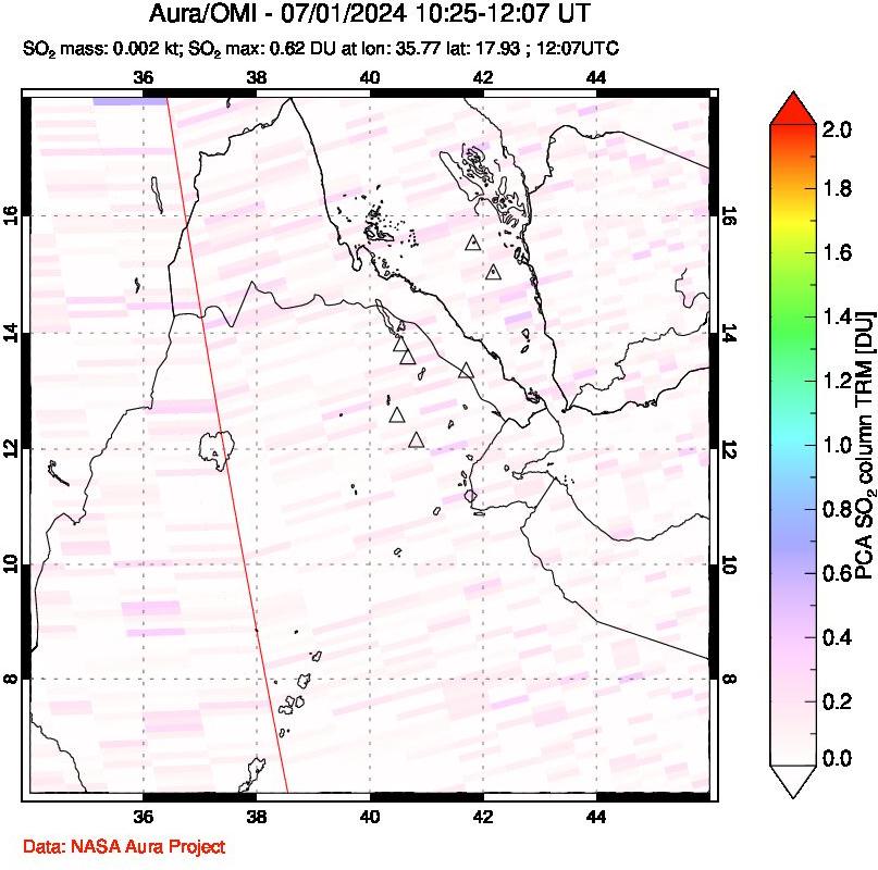 A sulfur dioxide image over Afar and southern Red Sea on Jul 01, 2024.