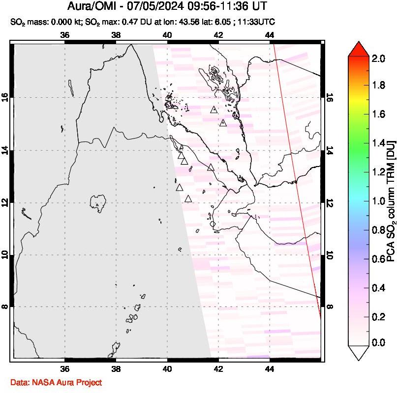 A sulfur dioxide image over Afar and southern Red Sea on Jul 05, 2024.