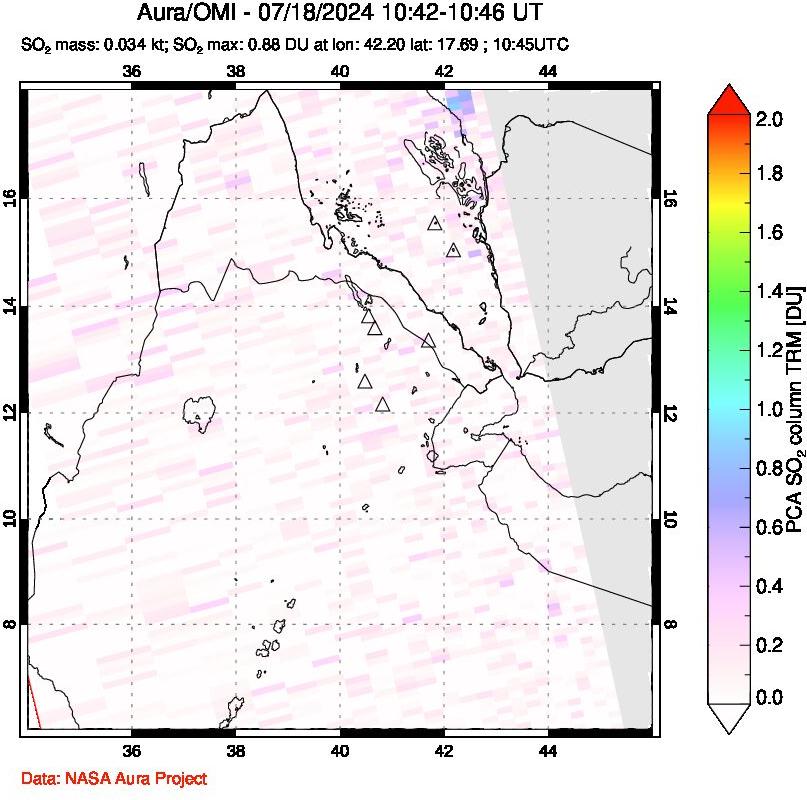 A sulfur dioxide image over Afar and southern Red Sea on Jul 18, 2024.