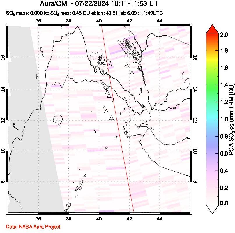 A sulfur dioxide image over Afar and southern Red Sea on Jul 22, 2024.