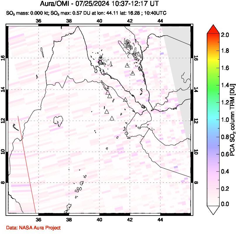 A sulfur dioxide image over Afar and southern Red Sea on Jul 25, 2024.