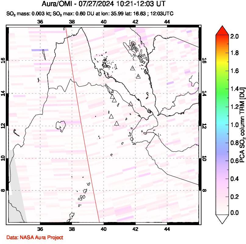 A sulfur dioxide image over Afar and southern Red Sea on Jul 27, 2024.