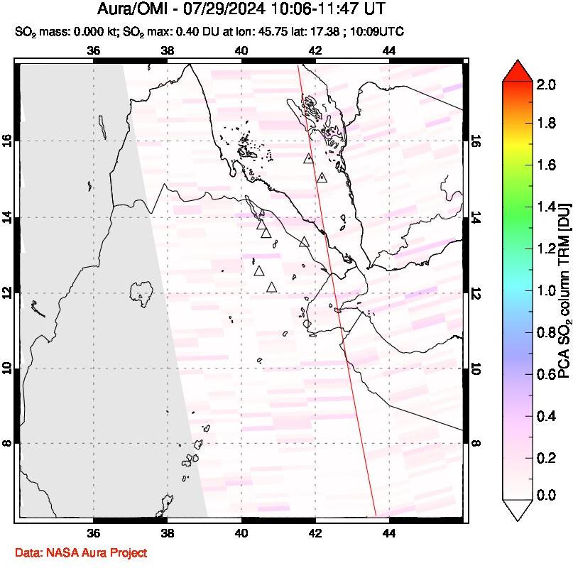A sulfur dioxide image over Afar and southern Red Sea on Jul 29, 2024.