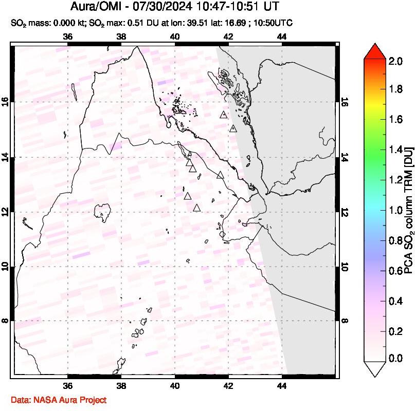 A sulfur dioxide image over Afar and southern Red Sea on Jul 30, 2024.