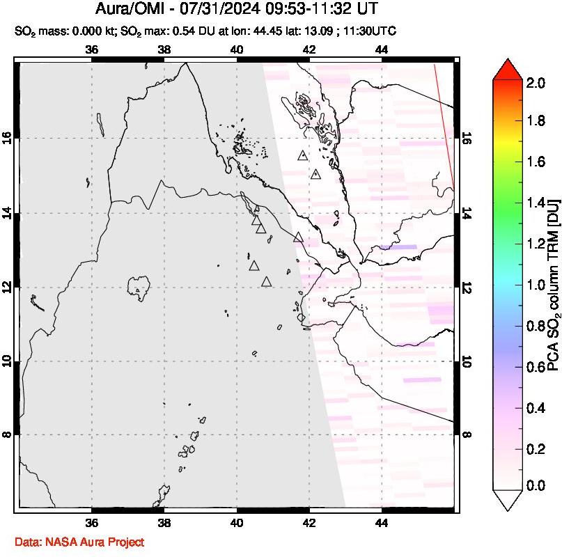 A sulfur dioxide image over Afar and southern Red Sea on Jul 31, 2024.